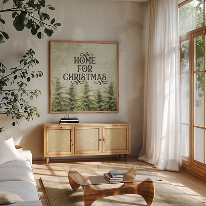 Christmas Lodge III by Katie Pertiet. Shown in a natural wood frame in a cozy modern living room. Available as an archival giclee rolled canvas, fine art paper, or poster print. SKU 88872a.