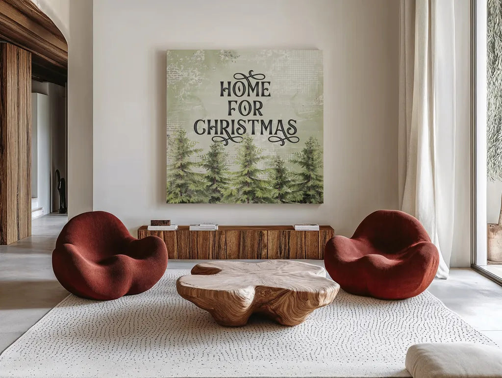Christmas Lodge III by Katie Pertiet. Shown as extra-large giant wall art in a modern living room. Available as an archival giclee rolled canvas, fine art paper, or poster print. SKU 88872a.