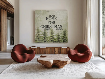 Christmas Lodge III by Katie Pertiet. Shown as extra-large giant wall art in a modern living room. Available as an archival giclee rolled canvas, fine art paper, or poster print. SKU 88872a.