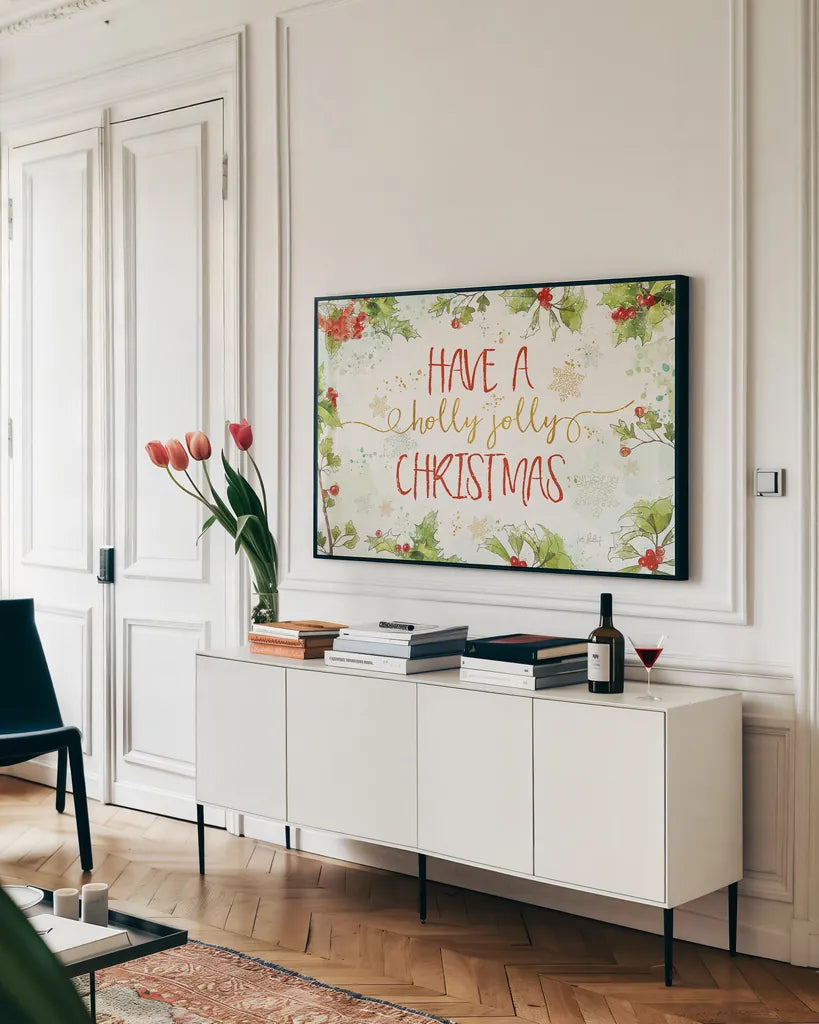 Christmas Sentiments I by Katie Pertiet. shown as a framed stretched canvas in a living room above a console. Available as a archival giclee rolled canvas, fine art paper, or poster print. SKU 31894i.
