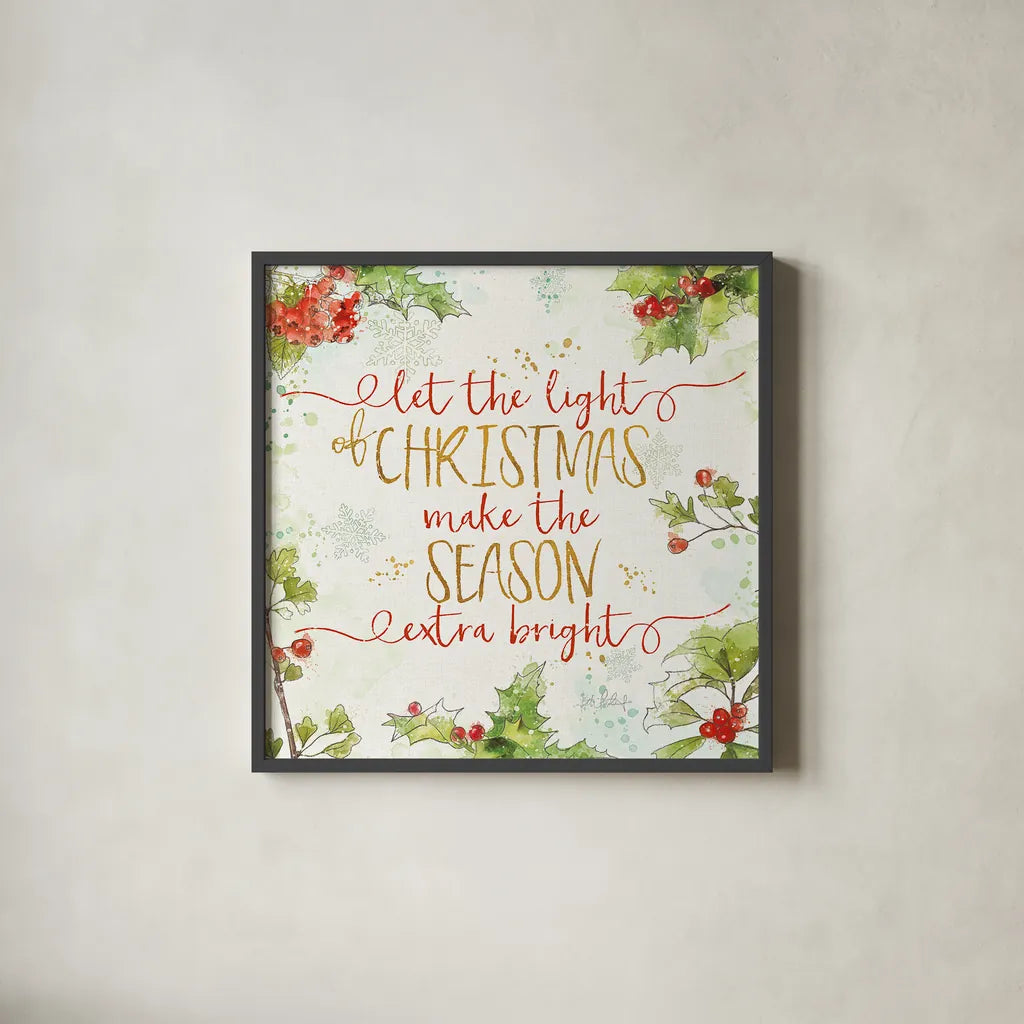 Christmas Sentiments II by Katie Pertiet. Shown in a sleek black glass frame for a contemporary gallery look. Available as an archival giclee rolled canvas, fine art paper, or poster print. SKU 31895a.