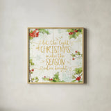 Christmas Sentiments II Gold on Wood by Katie Pertiet. Shown in a natural wood glass frame for a timeless modern aesthetic. Available as an archival giclee rolled canvas, fine art paper, or poster print. SKU 35648a.