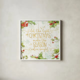 Christmas Sentiments II Gold on Wood by Katie Pertiet. Shown in a crisp white glass frame for a clean and minimalist style. Available as an archival giclee rolled canvas, fine art paper, or poster print. SKU 35648a.