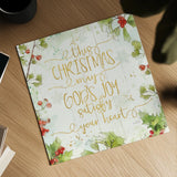 Christmas Sentiments III Gold on Wood by Katie Pertiet. Shown as a detailed flat fine art print, highlighting archival giclee quality. Available as an archival giclee rolled canvas, fine art paper, or poster print. SKU 35649a.