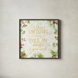 Christmas Sentiments III Gold on Wood by Katie Pertiet. Shown in a sleek black glass frame for a contemporary gallery look. Available as an archival giclee rolled canvas, fine art paper, or poster print. SKU 35649a.