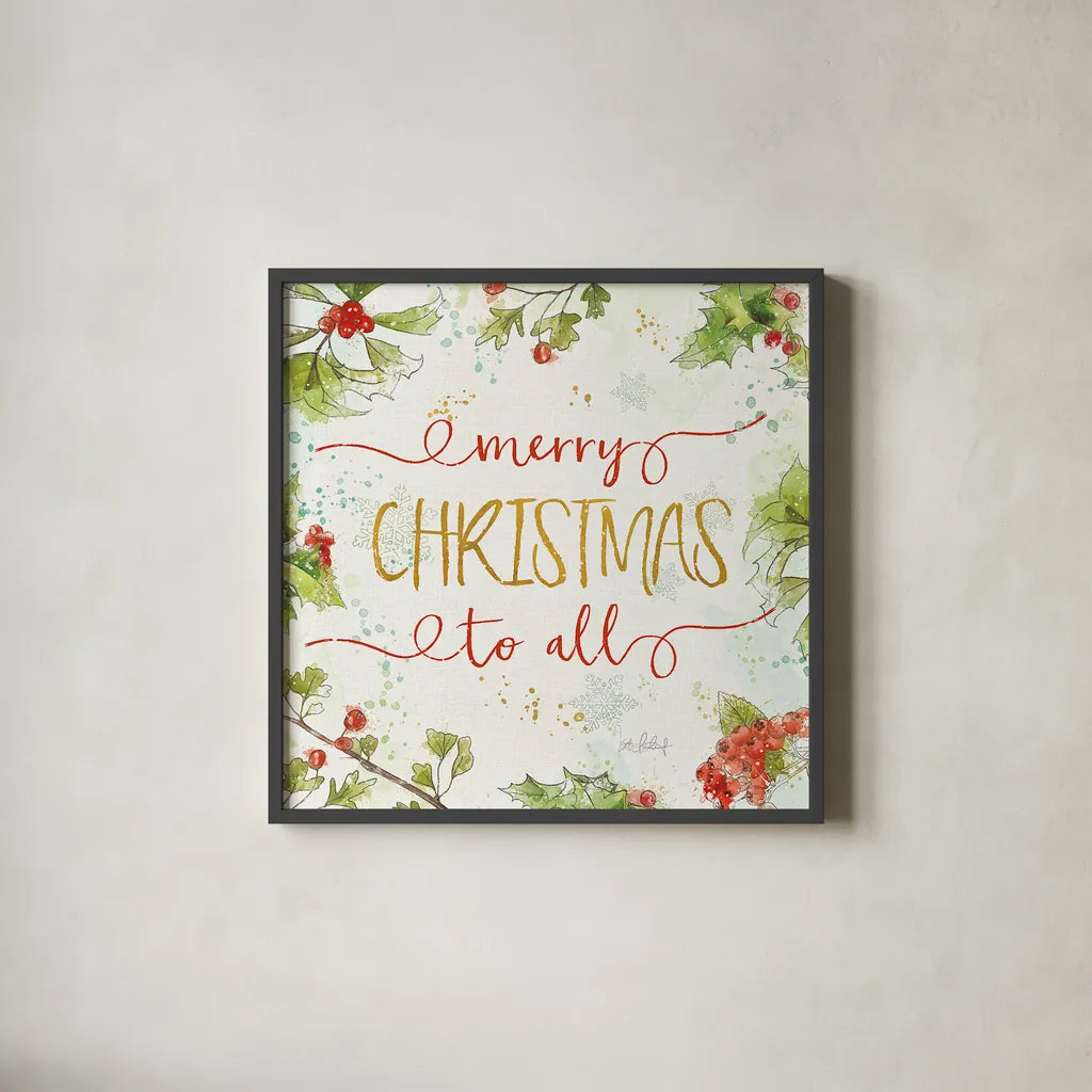 Christmas Sentiments IV by Katie Pertiet. Shown in a sleek black glass frame for a contemporary gallery look. Available as an archival giclee rolled canvas, fine art paper, or poster print. SKU 31897a.