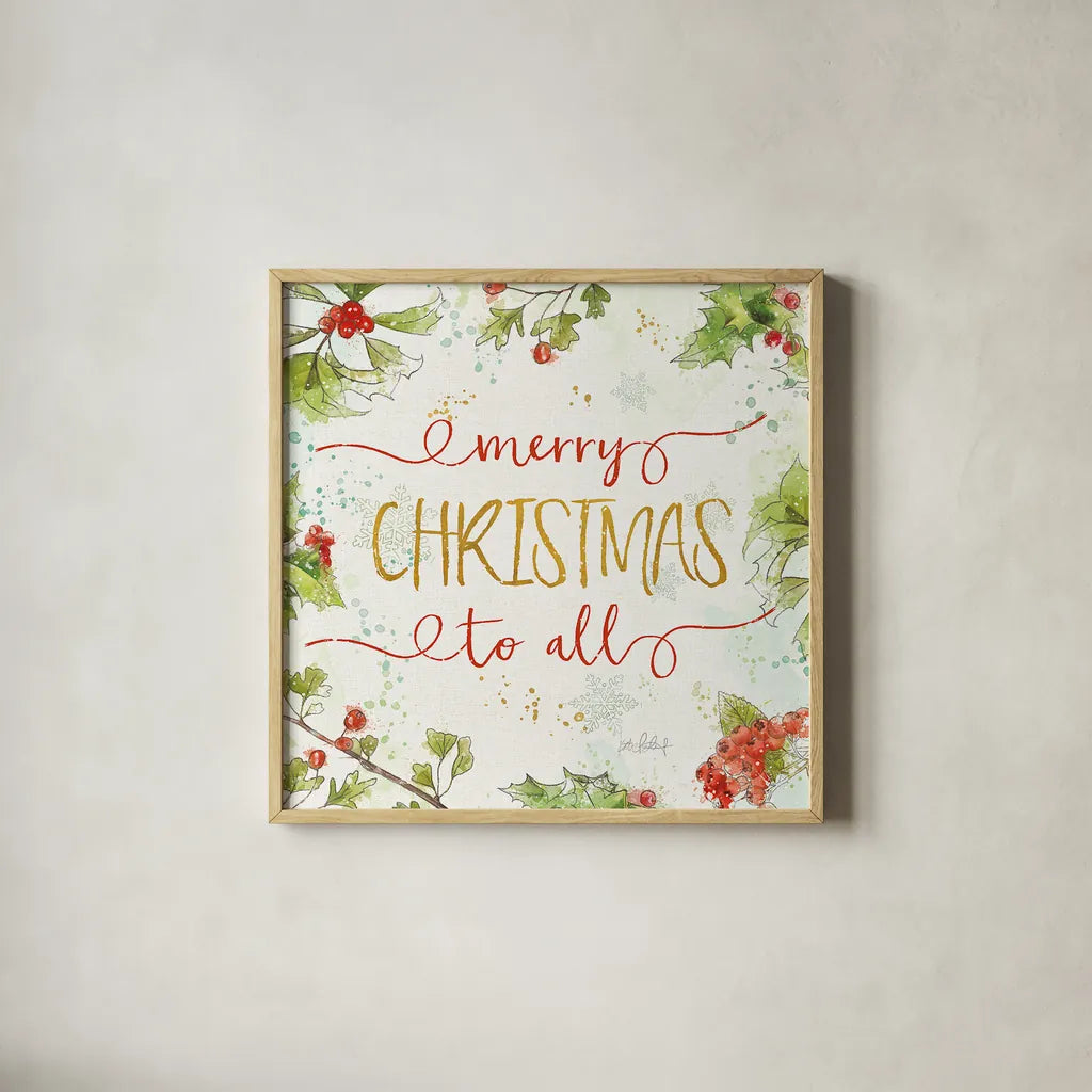 Christmas Sentiments IV by Katie Pertiet. Shown in a natural wood glass frame for a timeless modern aesthetic. Available as an archival giclee rolled canvas, fine art paper, or poster print. SKU 31897a.