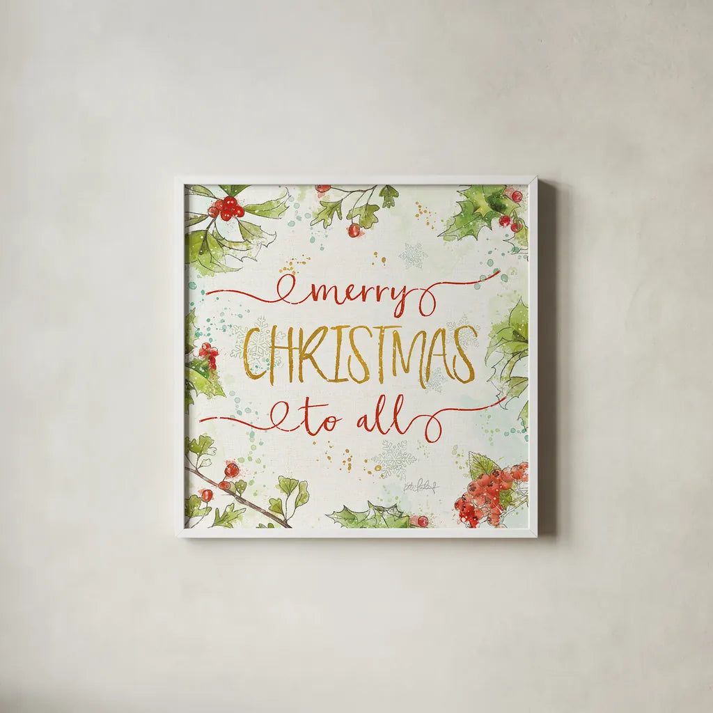 Christmas Sentiments IV by Katie Pertiet. Shown in a crisp white glass frame for a clean and minimalist style. Available as an archival giclee rolled canvas, fine art paper, or poster print. SKU 31897a.