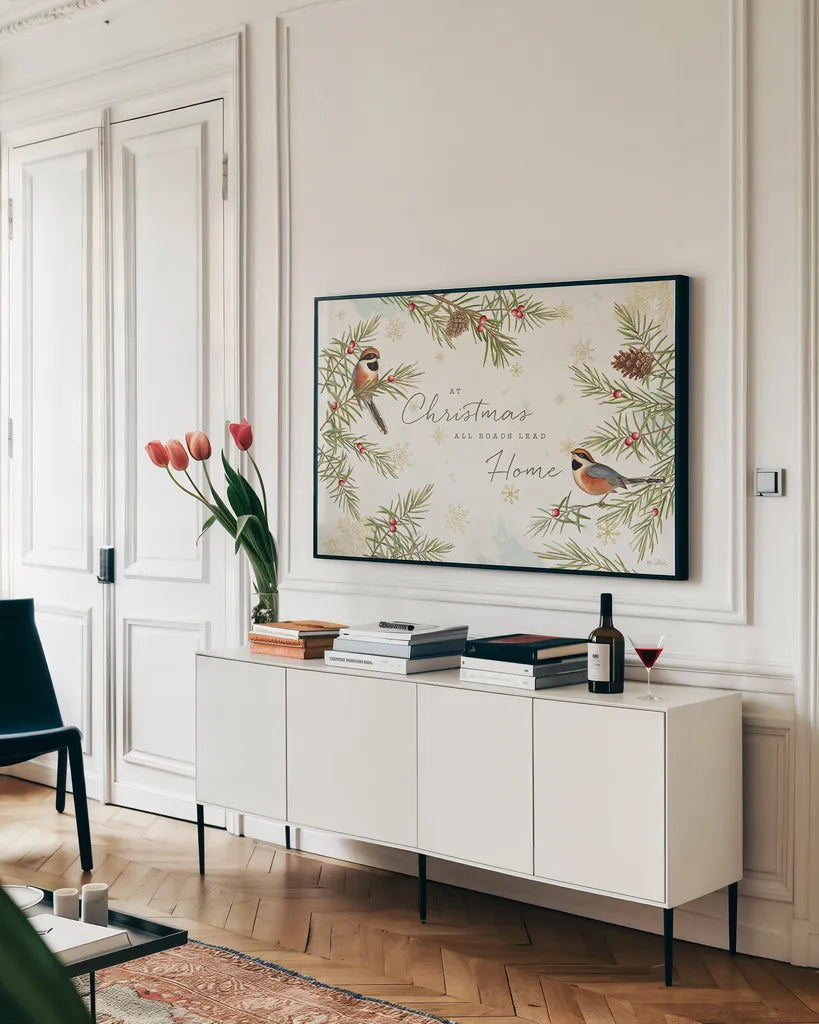 Christmas Tradition I by Katie Pertiet. shown as a framed stretched canvas in a living room above a console. Available as a archival giclee rolled canvas, fine art paper, or poster print. SKU 36931i.