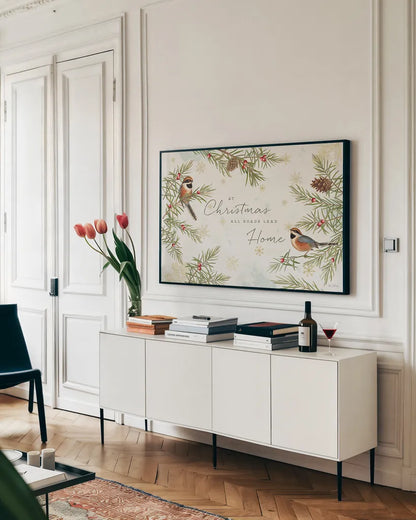 Christmas Tradition I by Katie Pertiet. shown as a framed stretched canvas in a living room above a console. Available as a archival giclee rolled canvas, fine art paper, or poster print. SKU 36931i.