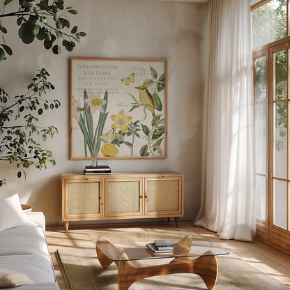 Citron Curiosities III by Katie Pertiet. Shown in a natural wood frame in a cozy modern living room. Available as an archival giclee rolled canvas, fine art paper, or poster print. SKU 36938a.