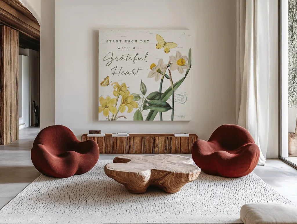 Citron Curiosities IV by Katie Pertiet. Shown as extra-large giant wall art in a modern living room. Available as an archival giclee rolled canvas, fine art paper, or poster print. SKU 36939a.