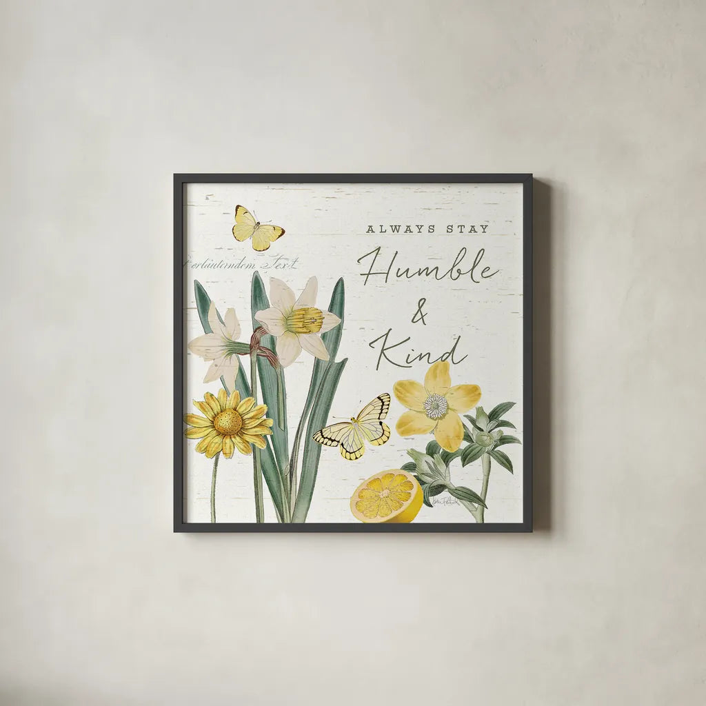 Citron Curiosities V by Katie Pertiet. Shown in a sleek black glass frame for a contemporary gallery look. Available as an archival giclee rolled canvas, fine art paper, or poster print. SKU 36940a.