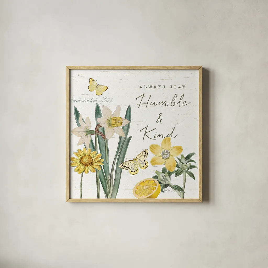 Citron Curiosities V by Katie Pertiet. Shown in a natural wood glass frame for a timeless modern aesthetic. Available as an archival giclee rolled canvas, fine art paper, or poster print. SKU 36940a.