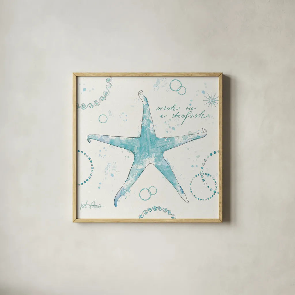 Coastal Splash I by Katie Pertiet. Shown in a natural wood glass frame for a timeless modern aesthetic. Available as an archival giclee rolled canvas, fine art paper, or poster print. SKU 25963a.