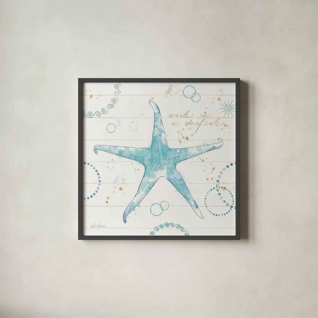 Coastal Splash I Gold by Katie Pertiet. Shown in a sleek black glass frame for a contemporary gallery look. Available as an archival giclee rolled canvas, fine art paper, or poster print. SKU 57898a.