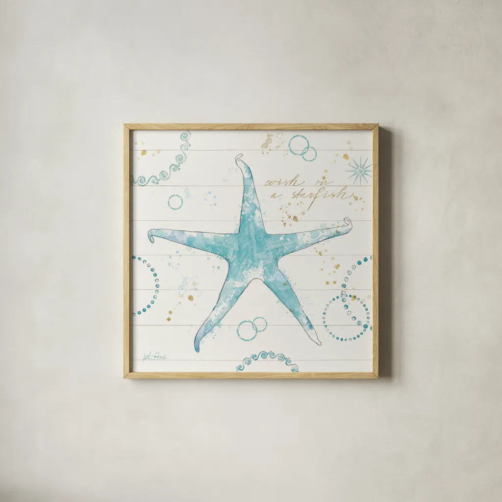 Coastal Splash I Gold by Katie Pertiet. Shown in a natural wood glass frame for a timeless modern aesthetic. Available as an archival giclee rolled canvas, fine art paper, or poster print. SKU 57898a.