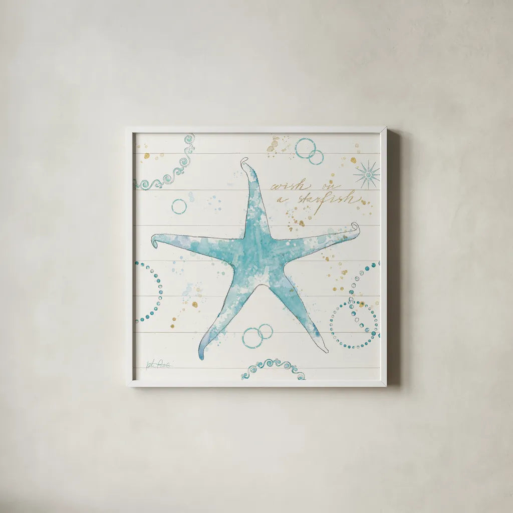 Coastal Splash I Gold by Katie Pertiet. Shown in a crisp white glass frame for a clean and minimalist style. Available as an archival giclee rolled canvas, fine art paper, or poster print. SKU 57898a.