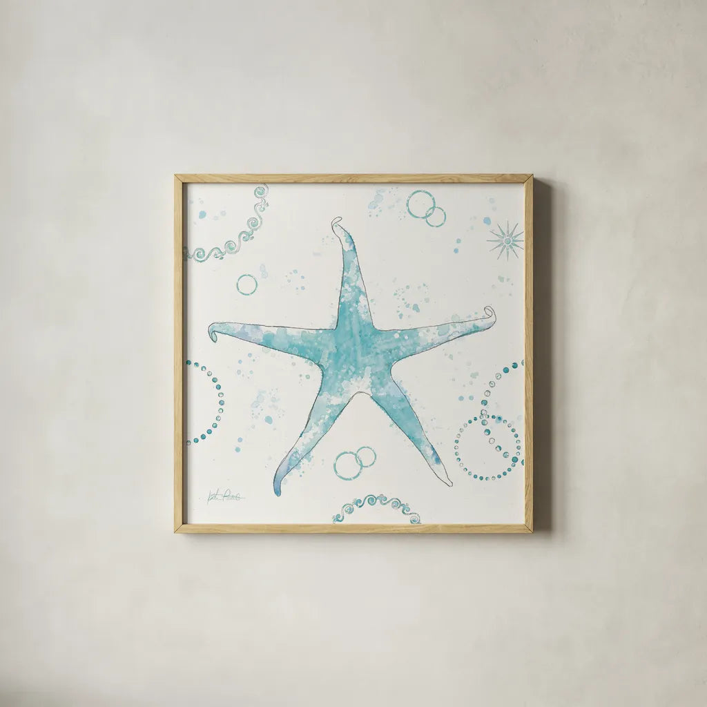 Coastal Splash I No Words by Katie Pertiet. Shown in a natural wood glass frame for a timeless modern aesthetic. Available as an archival giclee rolled canvas, fine art paper, or poster print. SKU 65722a.