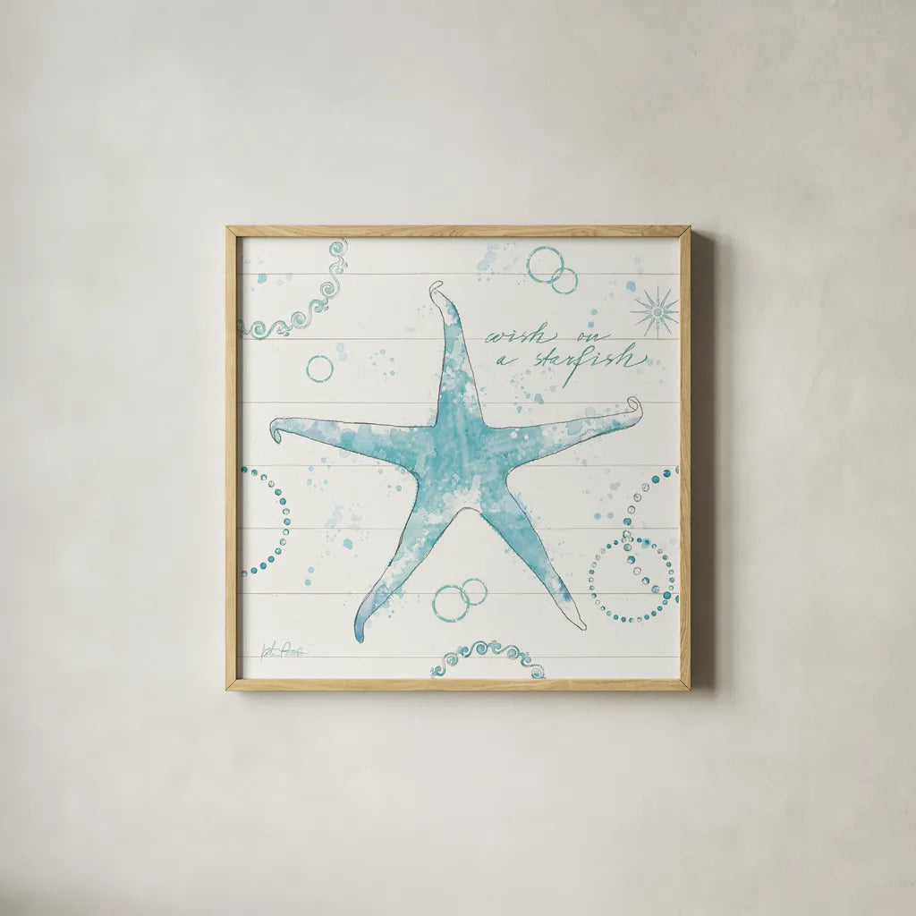 Coastal Splash I Plank by Katie Pertiet. Shown in a natural wood glass frame for a timeless modern aesthetic. Available as an archival giclee rolled canvas, fine art paper, or poster print. SKU 37714a.