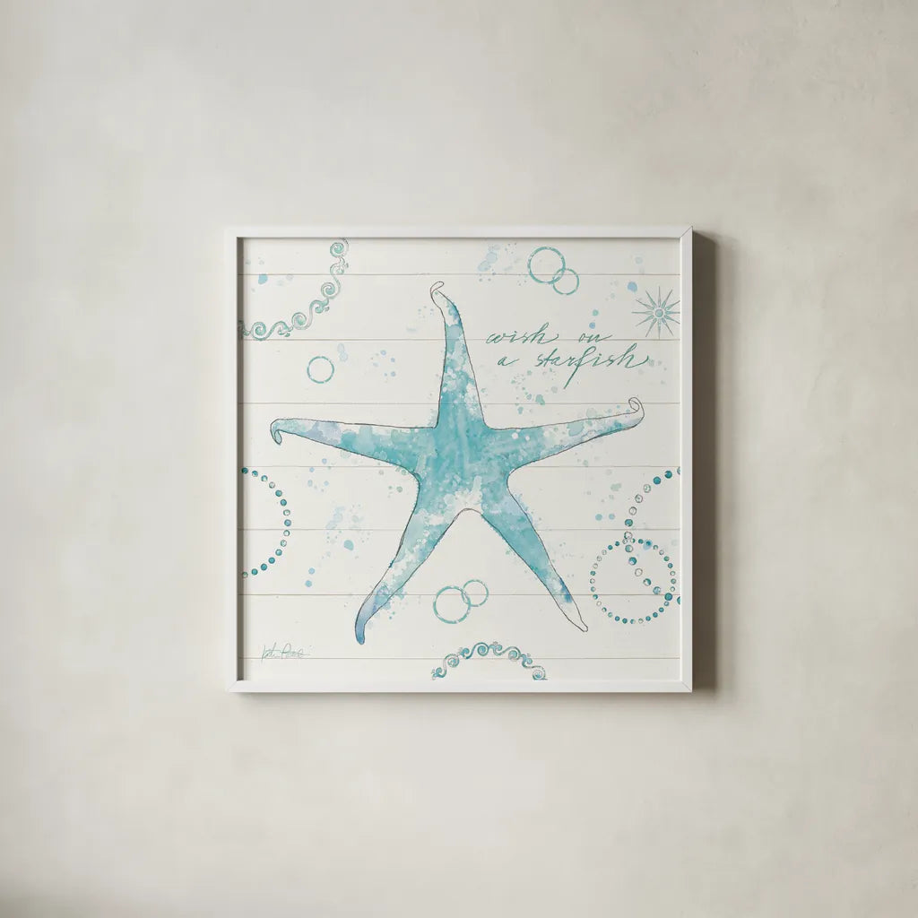 Coastal Splash I Plank by Katie Pertiet. Shown in a crisp white glass frame for a clean and minimalist style. Available as an archival giclee rolled canvas, fine art paper, or poster print. SKU 37714a.