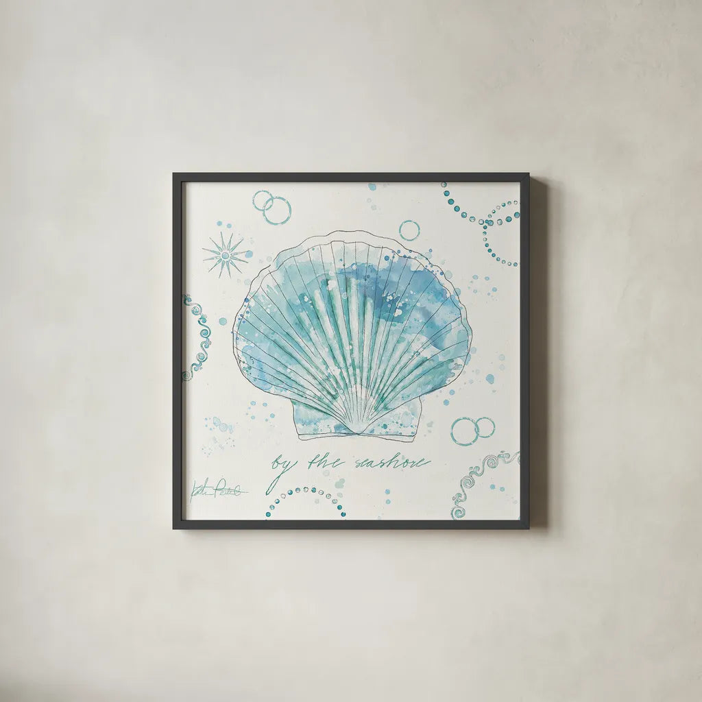 Coastal Splash II by Katie Pertiet. Shown in a sleek black glass frame for a contemporary gallery look. Available as an archival giclee rolled canvas, fine art paper, or poster print. SKU 25964a.
