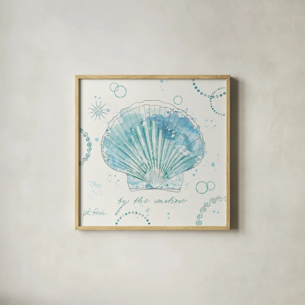 Coastal Splash II by Katie Pertiet. Shown in a natural wood glass frame for a timeless modern aesthetic. Available as an archival giclee rolled canvas, fine art paper, or poster print. SKU 25964a.