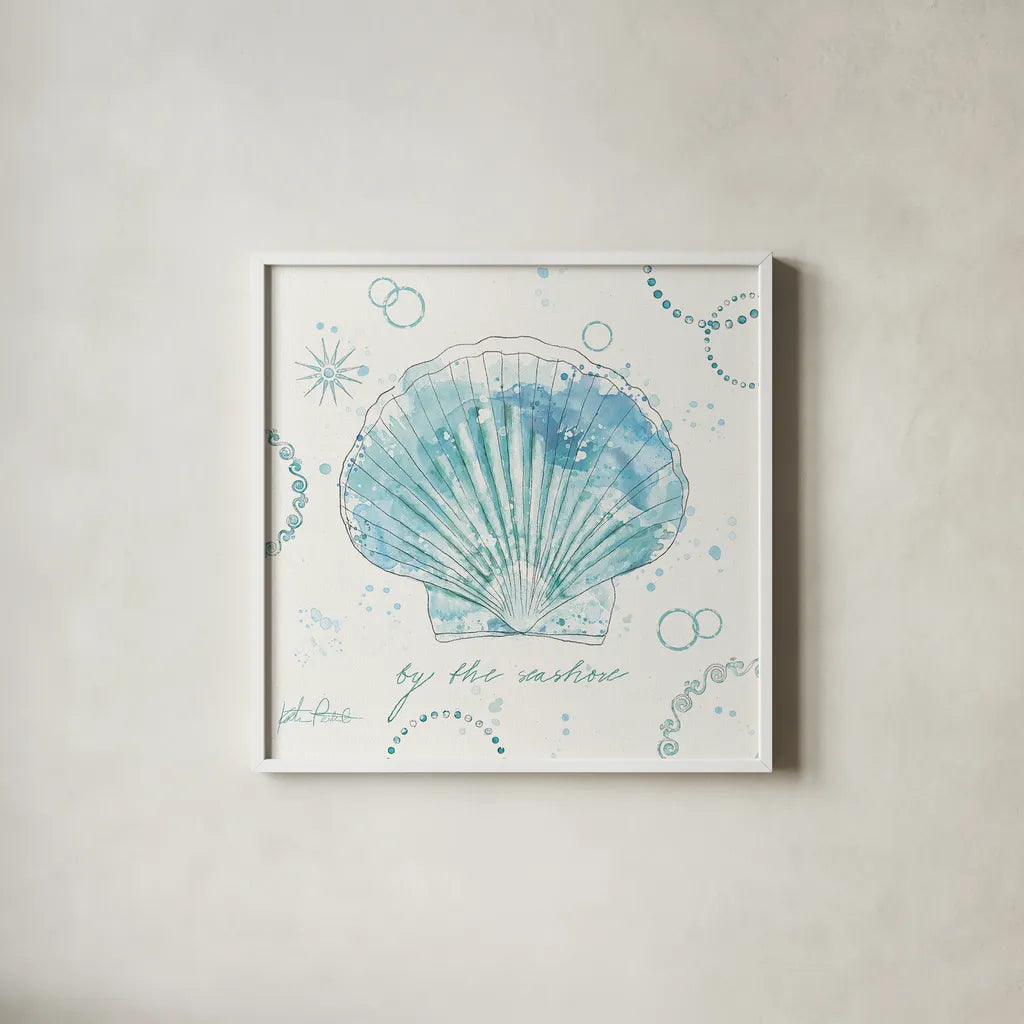 Coastal Splash II by Katie Pertiet. Shown in a crisp white glass frame for a clean and minimalist style. Available as an archival giclee rolled canvas, fine art paper, or poster print. SKU 25964a.