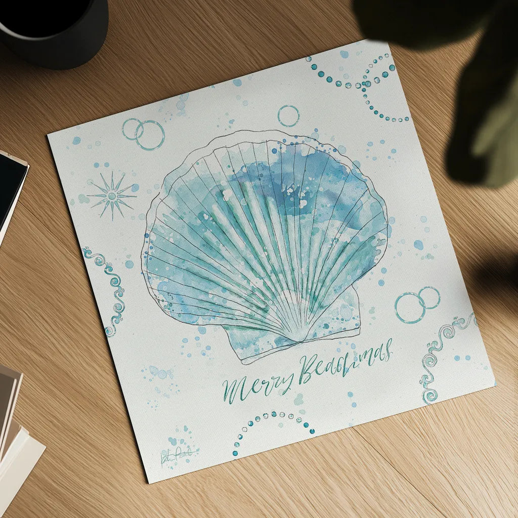 Coastal Splash II Merry Beachmas by Katie Pertiet. Shown as a detailed flat fine art print, highlighting archival giclee quality. Available as an archival giclee rolled canvas, fine art paper, or poster print. SKU 37715a.