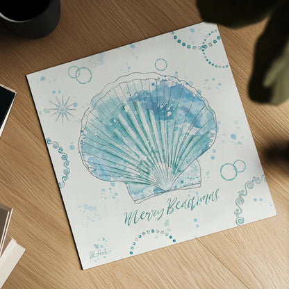 Coastal Splash II Merry Beachmas by Katie Pertiet. Shown as a detailed flat fine art print, highlighting archival giclee quality. Available as an archival giclee rolled canvas, fine art paper, or poster print. SKU 37715a.