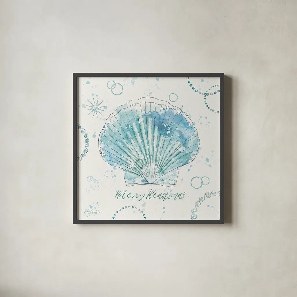 Coastal Splash II Merry Beachmas by Katie Pertiet. Shown in a sleek black glass frame for a contemporary gallery look. Available as an archival giclee rolled canvas, fine art paper, or poster print. SKU 37715a.