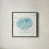 Coastal Splash II Merry Beachmas by Katie Pertiet. Shown in a sleek black glass frame for a contemporary gallery look. Available as an archival giclee rolled canvas, fine art paper, or poster print. SKU 37715a.