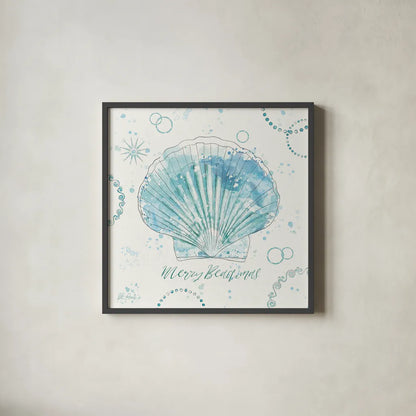 Coastal Splash II Merry Beachmas by Katie Pertiet. Shown in a sleek black glass frame for a contemporary gallery look. Available as an archival giclee rolled canvas, fine art paper, or poster print. SKU 37715a.