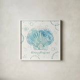 Coastal Splash II Merry Beachmas by Katie Pertiet. Shown in a crisp white glass frame for a clean and minimalist style. Available as an archival giclee rolled canvas, fine art paper, or poster print. SKU 37715a.