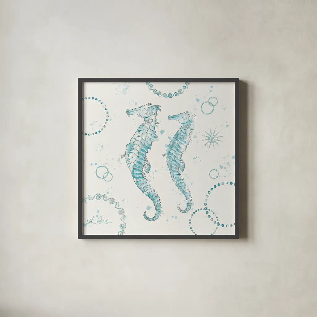 Coastal Splash III by Katie Pertiet. Shown in a sleek black glass frame for a contemporary gallery look. Available as an archival giclee rolled canvas, fine art paper, or poster print. SKU 25965a.