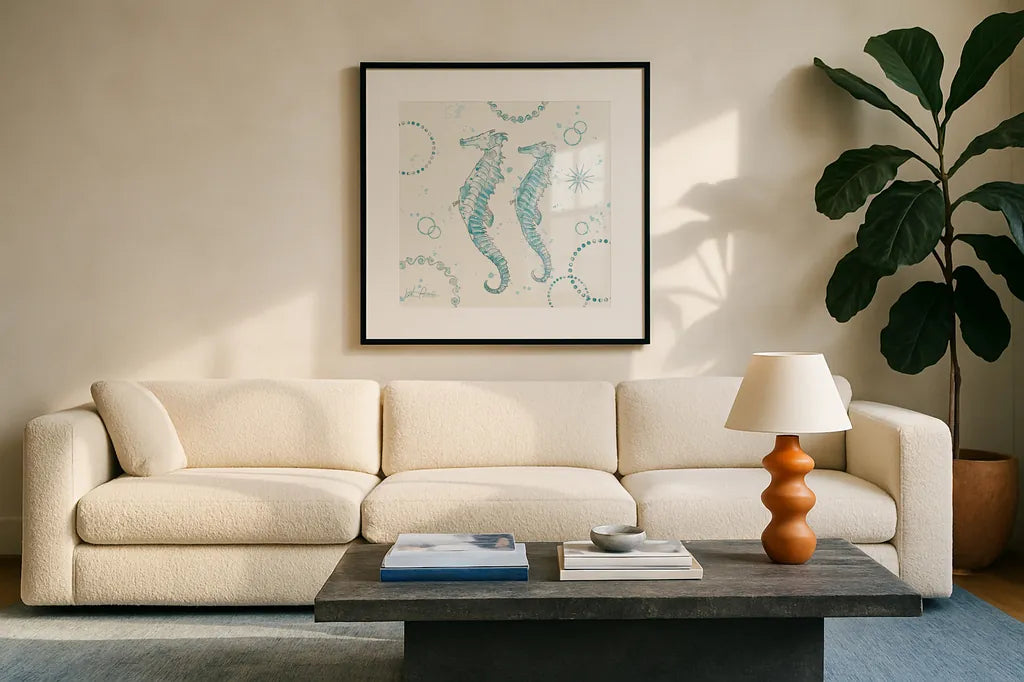 Coastal Splash III by Katie Pertiet. Displayed in a glass frame with matte in a clean modern living room. Available as an archival giclee rolled canvas, fine art paper, or poster print. SKU 25965a.