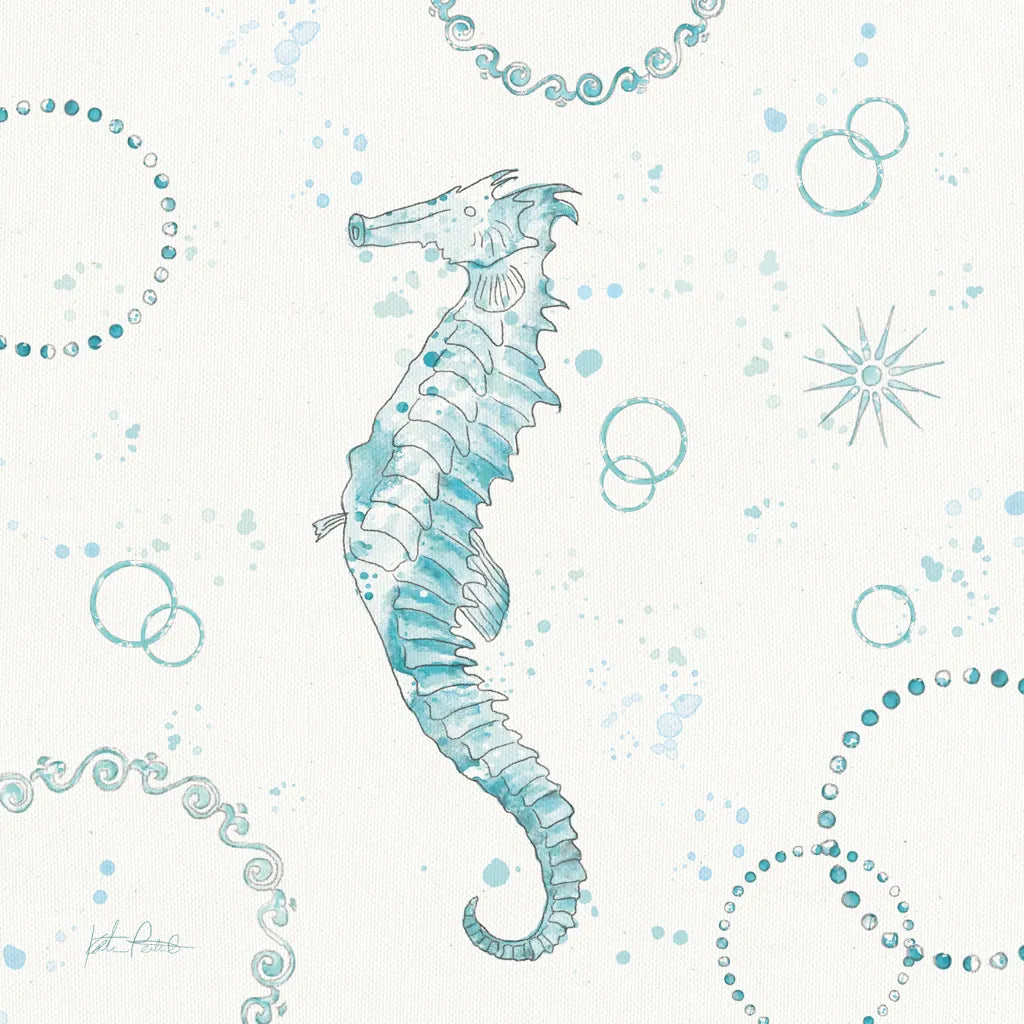 Coastal Splash III One Seahorse by Katie Pertiet. SKU 65770a. Archival Giclee Fine art print for wall decor.