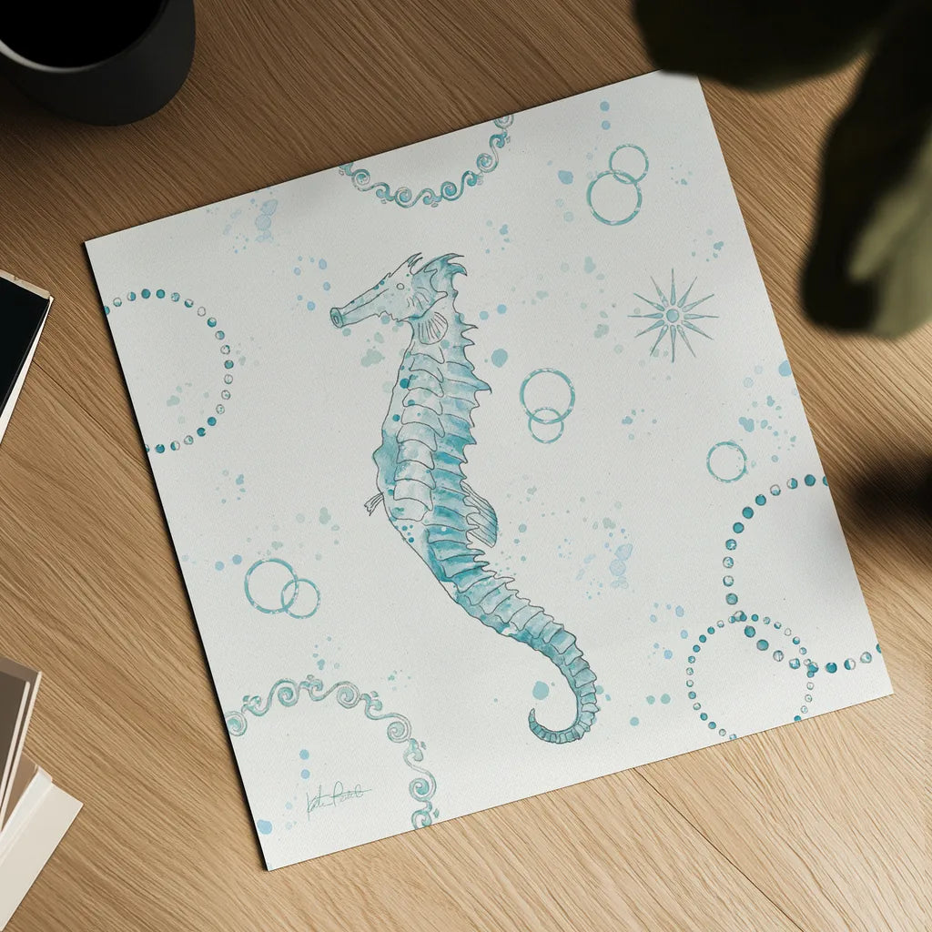 Coastal Splash III One Seahorse by Katie Pertiet. Shown as a detailed flat fine art print, highlighting archival giclee quality. Available as an archival giclee rolled canvas, fine art paper, or poster print. SKU 65770a.