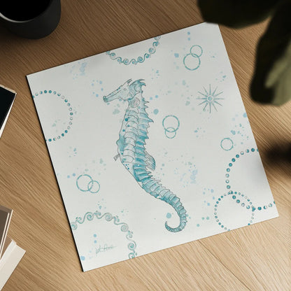 Coastal Splash III One Seahorse by Katie Pertiet. Shown as a detailed flat fine art print, highlighting archival giclee quality. Available as an archival giclee rolled canvas, fine art paper, or poster print. SKU 65770a.