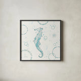 Coastal Splash III One Seahorse by Katie Pertiet. Shown in a sleek black glass frame for a contemporary gallery look. Available as an archival giclee rolled canvas, fine art paper, or poster print. SKU 65770a.