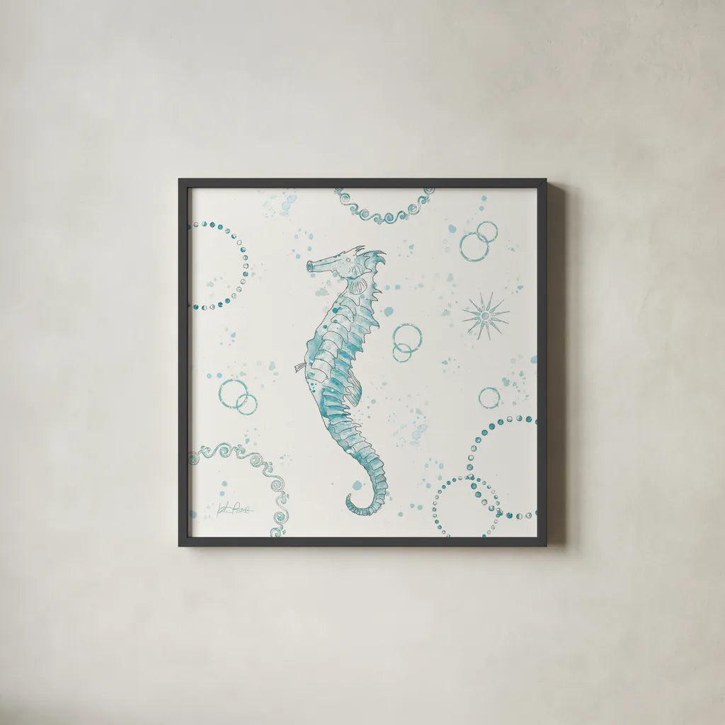 Coastal Splash III One Seahorse by Katie Pertiet. Shown in a sleek black glass frame for a contemporary gallery look. Available as an archival giclee rolled canvas, fine art paper, or poster print. SKU 65770a.