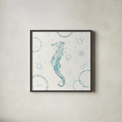 Coastal Splash III One Seahorse by Katie Pertiet. Shown in a sleek black glass frame for a contemporary gallery look. Available as an archival giclee rolled canvas, fine art paper, or poster print. SKU 65770a.