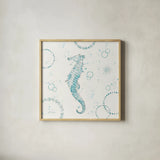 Coastal Splash III One Seahorse by Katie Pertiet. Shown in a natural wood glass frame for a timeless modern aesthetic. Available as an archival giclee rolled canvas, fine art paper, or poster print. SKU 65770a.