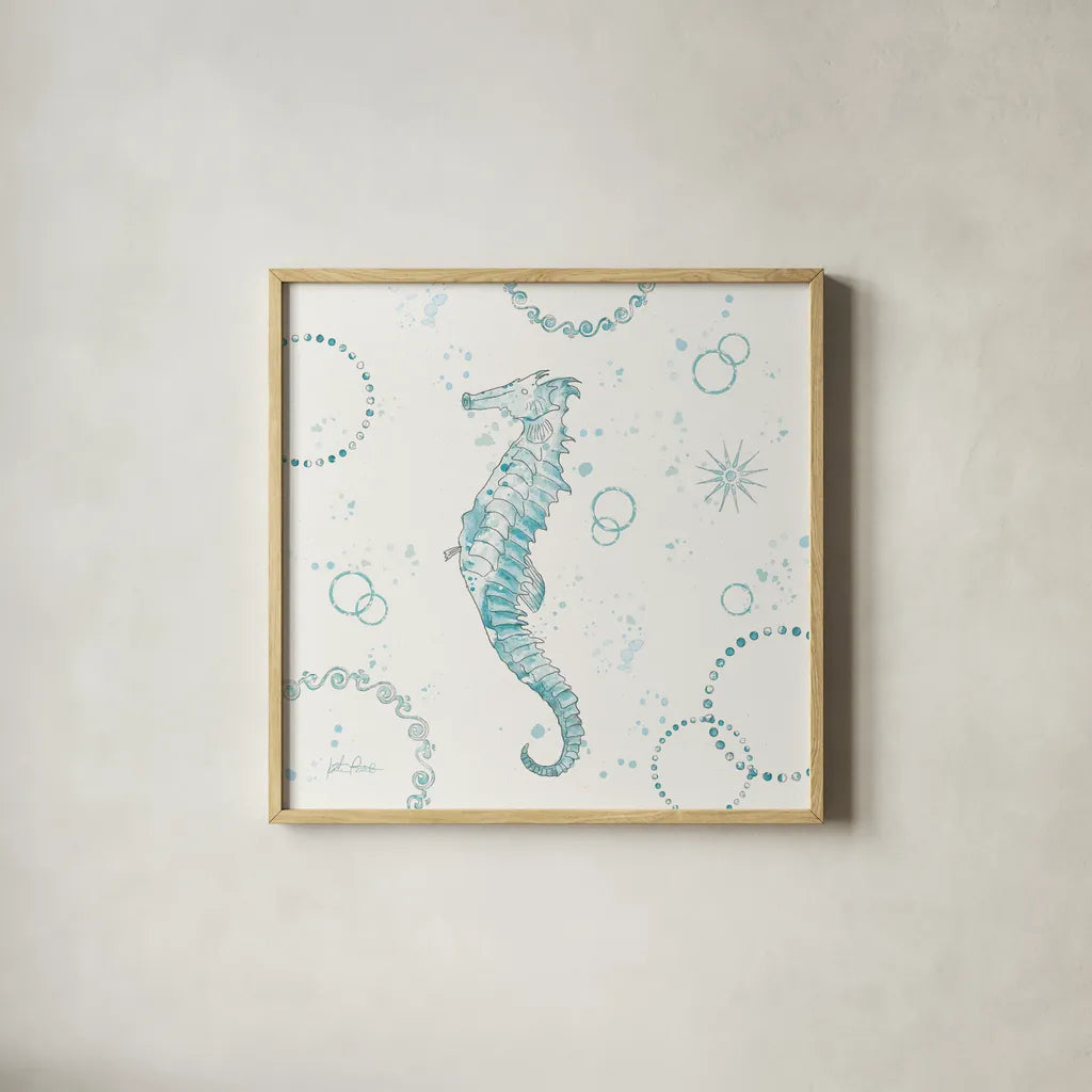Coastal Splash III One Seahorse by Katie Pertiet. Shown in a natural wood glass frame for a timeless modern aesthetic. Available as an archival giclee rolled canvas, fine art paper, or poster print. SKU 65770a.