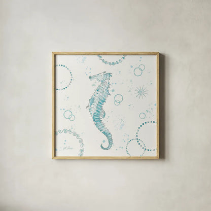 Coastal Splash III One Seahorse by Katie Pertiet. Shown in a natural wood glass frame for a timeless modern aesthetic. Available as an archival giclee rolled canvas, fine art paper, or poster print. SKU 65770a.