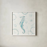 Coastal Splash III One Seahorse by Katie Pertiet. Shown in a crisp white glass frame for a clean and minimalist style. Available as an archival giclee rolled canvas, fine art paper, or poster print. SKU 65770a.