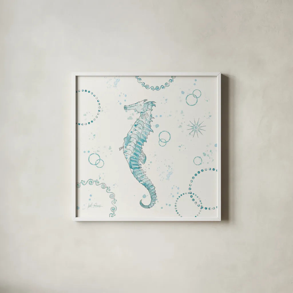 Coastal Splash III One Seahorse by Katie Pertiet. Shown in a crisp white glass frame for a clean and minimalist style. Available as an archival giclee rolled canvas, fine art paper, or poster print. SKU 65770a.