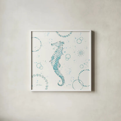 Coastal Splash III One Seahorse by Katie Pertiet. Shown in a crisp white glass frame for a clean and minimalist style. Available as an archival giclee rolled canvas, fine art paper, or poster print. SKU 65770a.
