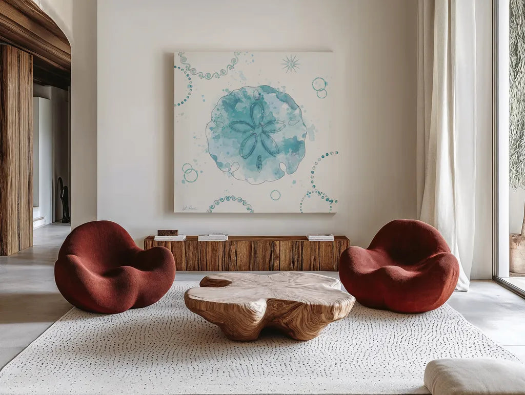 Coastal Splash VIII by Katie Pertiet. Shown as extra-large giant wall art in a modern living room. Available as an archival giclee rolled canvas, fine art paper, or poster print. SKU 64237a.