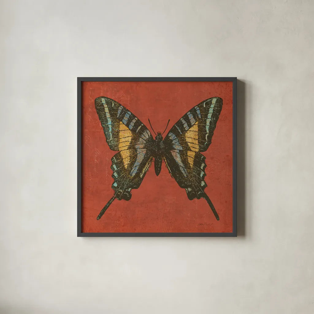 Cranberry Butterfly by Katie Pertiet. Shown in a sleek black glass frame for a contemporary gallery look. Available as an archival giclee rolled canvas, fine art paper, or poster print. SKU 5955a.